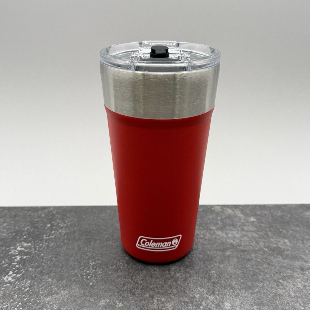 Coleman Brew 20 oz Red Stainless Tumbler Slide Lock Lid Straw Hole Opener Base